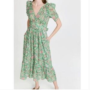 Xírena Floral Maxi Dress Green Pink Puff Sleeve Cotton Boho Prairie XS